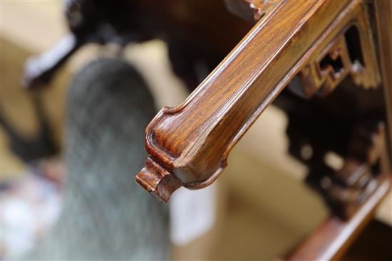 A Chinese cabriole leg wood stand and a rosewood and burr wood stand longest 30.5cm